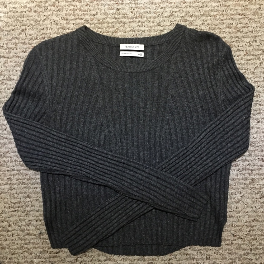 Babaton Dark Gray Ribbed Crew Neck Sweater